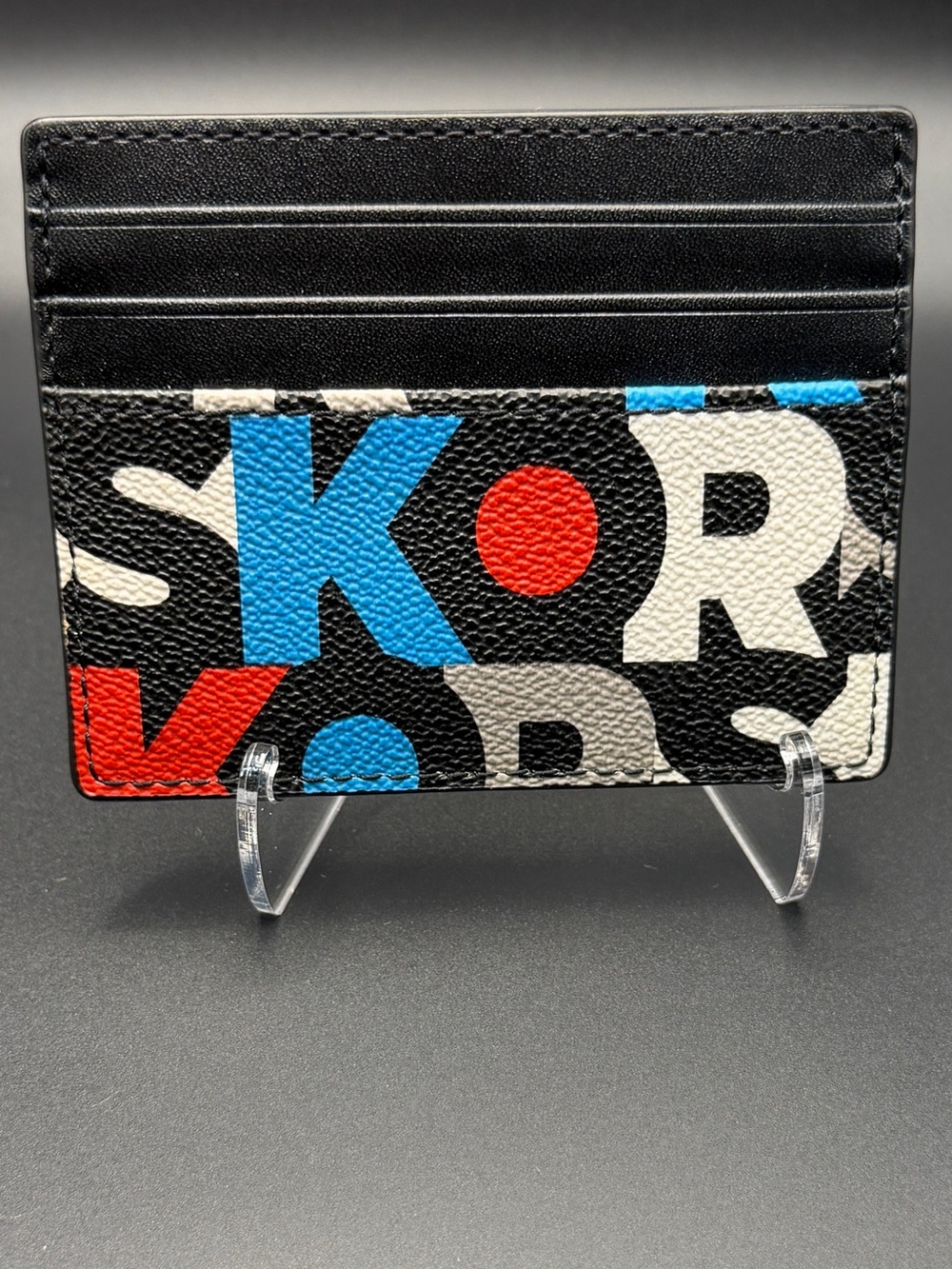 Michael Kors Black Leather Card Holder with Blue & Red Graphic Print